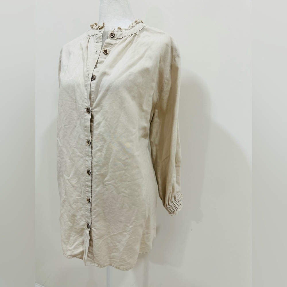 Joh Women’s Linen Blend‎ Beige Blouse Long Sleeve Ruffle Size M